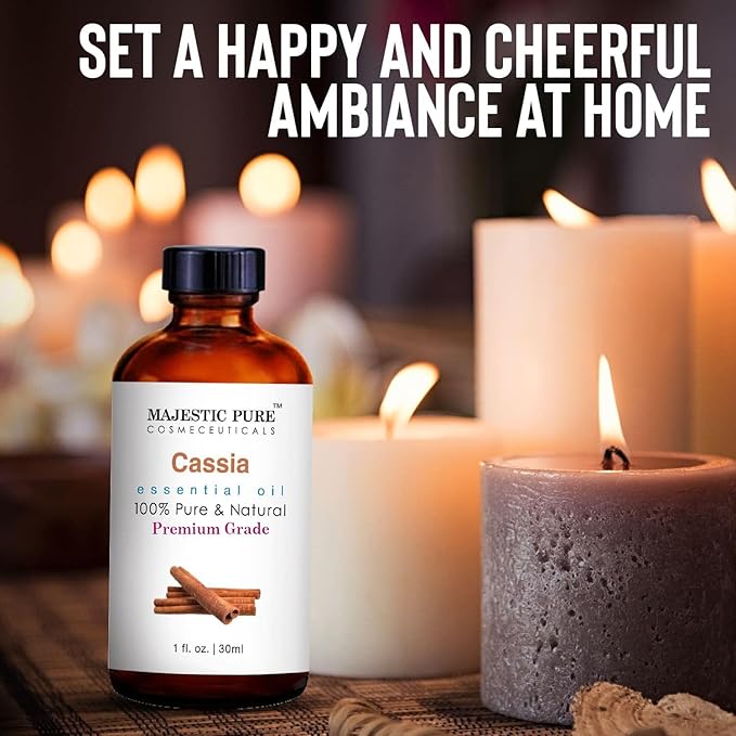 Majestic Pure Cassia Essential Oil with Glass Dropper - 1 Fl Oz - 100% Pure and Natural Cassia Oil - Premium Grade Essential Oils for Diffuser, Aromatherapy, Soap and Candle Making