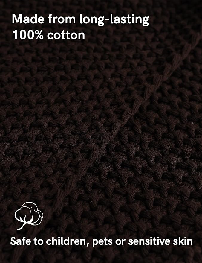 YnM Chunky Cotton Knit Throw Blanket, Cable Knit Throws for Bed Couch Sofa, Comfy & Relaxing, Decorative Piece for Farmhouse Modern Boho Rustic Scandinavian Chic Vibe, Chocolate Brown 80x87 Inches