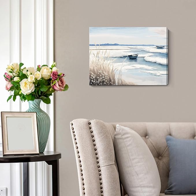 amatop Coastal Wall Art - Nautical Ocean Canvas Print with Light Blue & White Seascape, Boat, Reeds - Beach Picture for Modern Farmhouse, Lake House, Bedroom, Bathroom, Beach-Themed Artwork,16x12