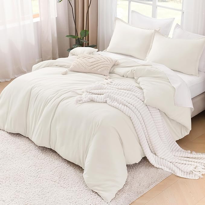 Litanika Ivory Comforter Set Full Size, 3 Pieces Lightweight Solid Bedding Comforter Set, All Season Fluffy Bed Set (79x90In Comforter & 2 Pillowcases)