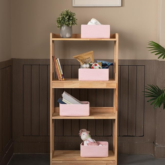 4 Pack Small Storage Shelf Baskets for Organizing, Mini Woven Rope Storage Bins for Towels, Cute Decorative Closet Organizer,Baby Nursery, Gift Empty Baskets -11.81''Lx7.87''Wx4.72''H-Pink