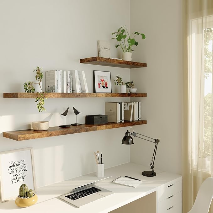 Large Floating Shelves for Wall Set of 3 Wooden Wall Shelves 30 in x 12.75 in x 2 in Room Decor Long Shelf with Invisible Wall Mount Bracket for Bedroom Kitchen Living Room Rustic Brown