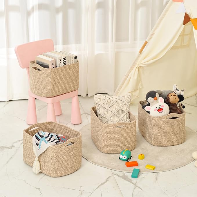 Storage Baskets for Organizing & Shelves, Woven Cotton Rope Organization Bins for Dog Toys, Clothes, Books, Nursery Organizer, 15" Lx11''Wx9.5''H, (4 Packs) Brown