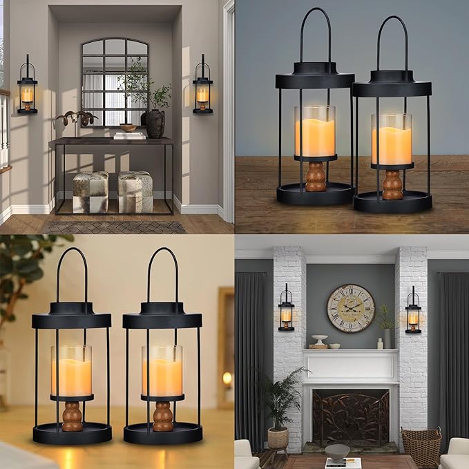 Metal Wall Sconce Candle Lantern Set of 2 - Black Wall Mounted Wood and Metal Hanging Holder with Glass & Candles Vintage Wall Decor for Porch, Living Room, Dining Room, Bedroom Indoor Decor