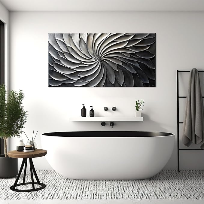 LASMOND Abstract Black and White Wall Art for Living Room Modern Canvas Print Painting Lines Flower Floral Large Artwork Bedroom Home Office Wall Décor (40x20 Inches)