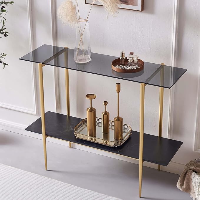 Glass Console Table for Living Room, Foyer & Entrance, 2-Tiers Mid-Century Modern Sofa Table with Grey Glass Top, Black Marble Finish Wood Shelf and Gold Finish Frame