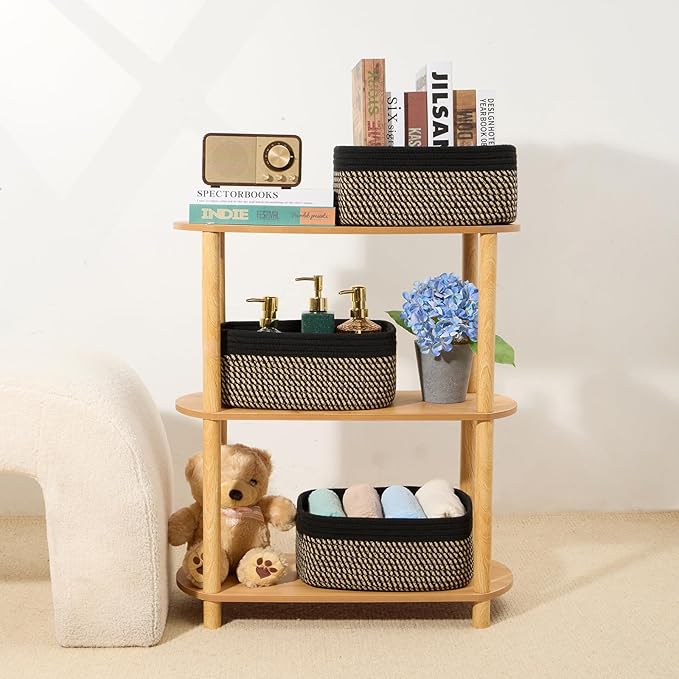 Small Storage Baskets for Organizing | Closet Organizer Bins | Shelf Toy Basket | Woven Rope Baskets | Cube Decorative Box | Shallow Basket | 13x8.5x5.1” | 3 Packs Black Brown