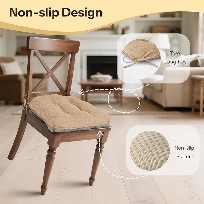 Non Slip Chair Cushions for Dining Chairs Set of 4 Kitchen Chair Cushions 18"x18"x3" Turfted Chair Pads Comfortable and Soft Seat Cushion with Ties, Cappuccino