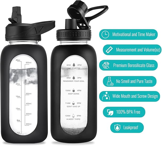 32 oz Glass Water Bottle with Straw and Handle, Sports Motivational Water Flask with Silicone Sleeve, Large Leakproof Water Flask Cup with Time Marker for Travel, Gym, Beige