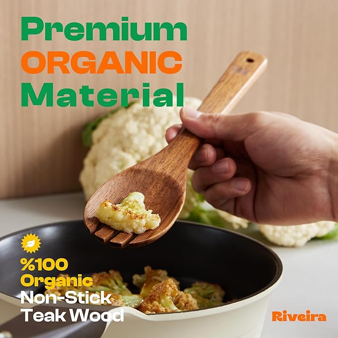 Riveira Teak Wooden Spoons for Cooking Set of 6 – Natural Teak Wooden Cooking Utensils, Wooden Spatula, Wooden Spoon - Premium Quality Wooden Utensil Set for Non-Toxic Cooking