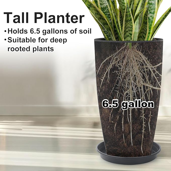 Tall Flower Pot Indoor - Outdoor Plant Pot - Black Glossy Planter - Elegant Stone Imitation - 12" Diameter 21" Tall with Drainage Holes and Saucer