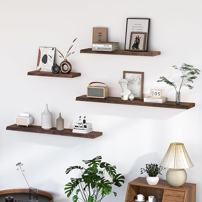 Floating Shelves for Wall, 72"x9.3" Rustic Solid Live-Edge Elm Wood Wall Shelves, Heavy-Duty Floating Shelves with Invisible Brackets, Set of 2 for Living Room, Bedroom, and Kitchen, Grey Finish