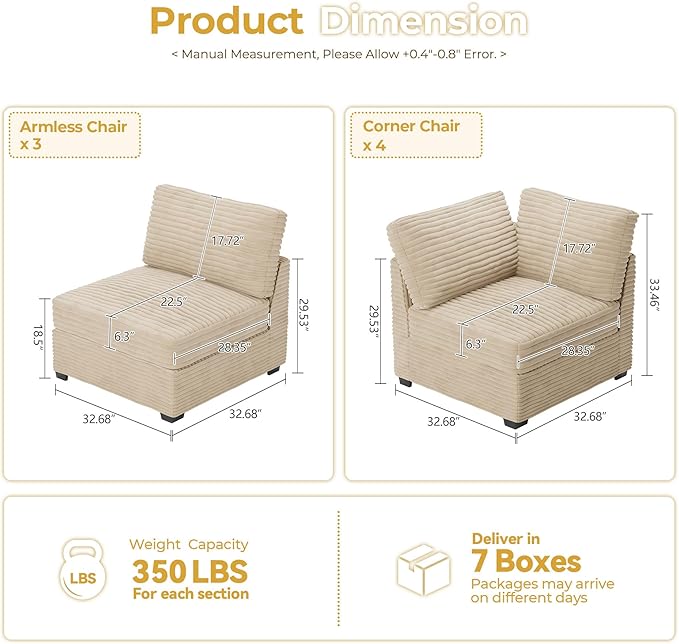 HOOOWOOO Modular Sectional Sofa,7 Pieces Sectional Couches for Living Room,131X98 U Shaped Cloud Couch Set(Beige Velvet Corduroy)