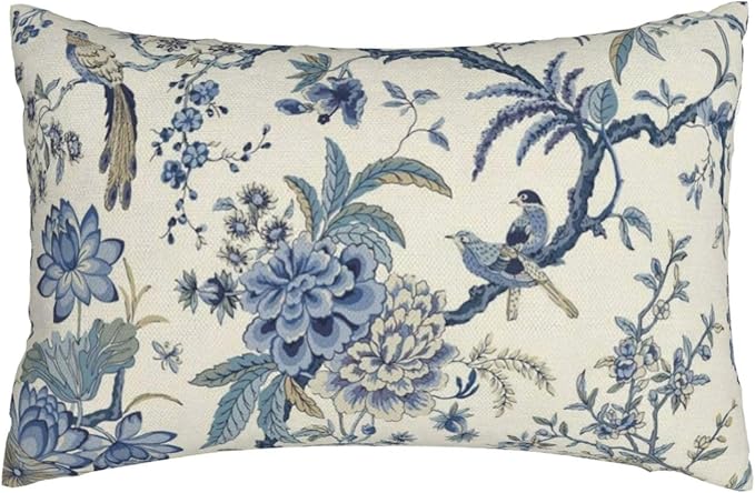 CXMEIFLY Spring Floral Birds Pillow Covers 12 x 20 Inch Set of 2 for Chinoiserie Flowers Decor Throw Pillows Blue and White Plant Outdoor Decorative Cushion Cases for Couch Bed Decorations