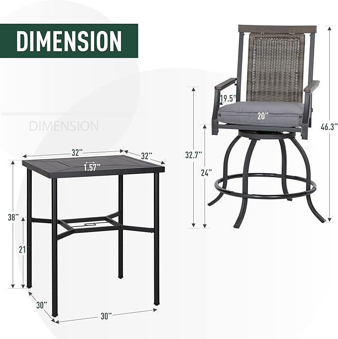 PHI VILLA 3 PCS Patio Bar Set, Bar Height Chair with 3.5" Thicker Cushion & Retro-Metal Square Table,Sturdy and Durable,Outdoor Height Bar Dining Set for Poolside,Yard