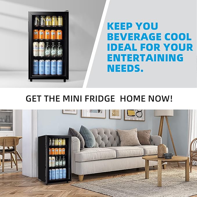 WANAI Mini Fridge Cooler 125Cans Beverage Refrigerator Glass Door Beverage Cooler for Beers Wine Juicer Adjustable Shelves LED Lights for Home, Office or Bar
