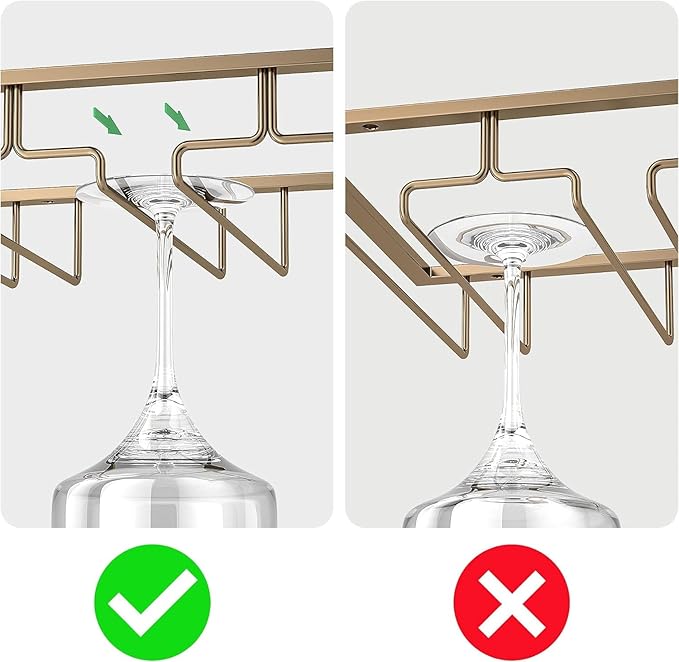 Wine Glass Rack - Under Cabinet Stemware Wine Glass Holder Glasses Storage Hanger 2 Pack Metal Organizer for Bar Kitchen Gold