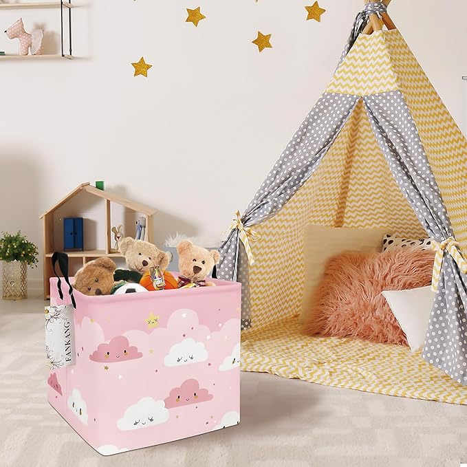 FANKANG Square Nursery Hamper Storage Bins Canvas Laundry Basket Foldable with Waterproof PE Coating Storage Baskets Gift Baskets for Children, Office, Bedroom, Clothes(Square-pink cloud )
