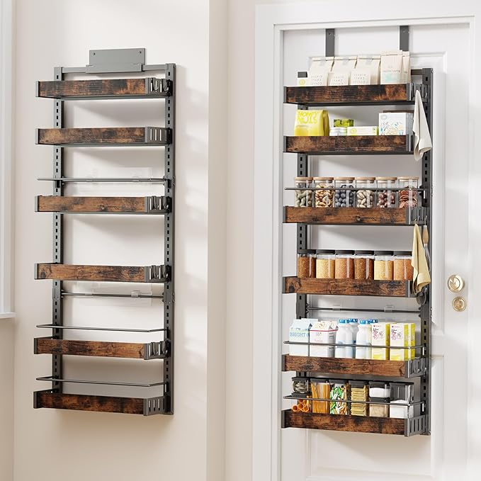 6 Tier Over The Door Pantry Organizer, 2 IN 1 Wall Mount or Metal Hanging Spice Rack for Pantry Organizers and Storage, Seasoning Shelves,Adjustable Basket with Hooks for Kitchen, Bathroom,Laundry