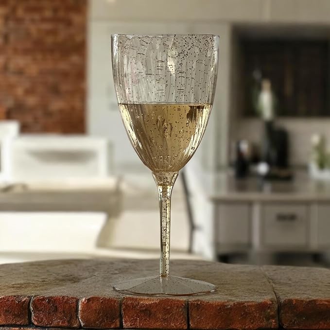 Oojami Elegant Plastic Champagne Flutes - 32 PCS, 7.8oz Disposable & Reusable Wine Glasses - Perfect for Home, Parties, Weddings, Birthdays & Celebrations (32, Gold Glitter)