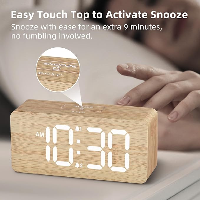 uscce Wooden Digital Alarm Clocks for Bedrooms: Dimmable Dual Alarm Clock with Large Numbers for Bedside Desk - Loud Alarm for Heavy Sleepers with Volume Control - Wood Decor & Gifts