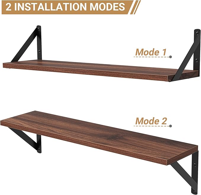 Heimlove Floating Shelves for Wall, 24 Inch Long Wood Floating Shelves Set of 3, Wall Mounted Hanging Shelf for Bathroom Bedroom Kitchen, Walnut