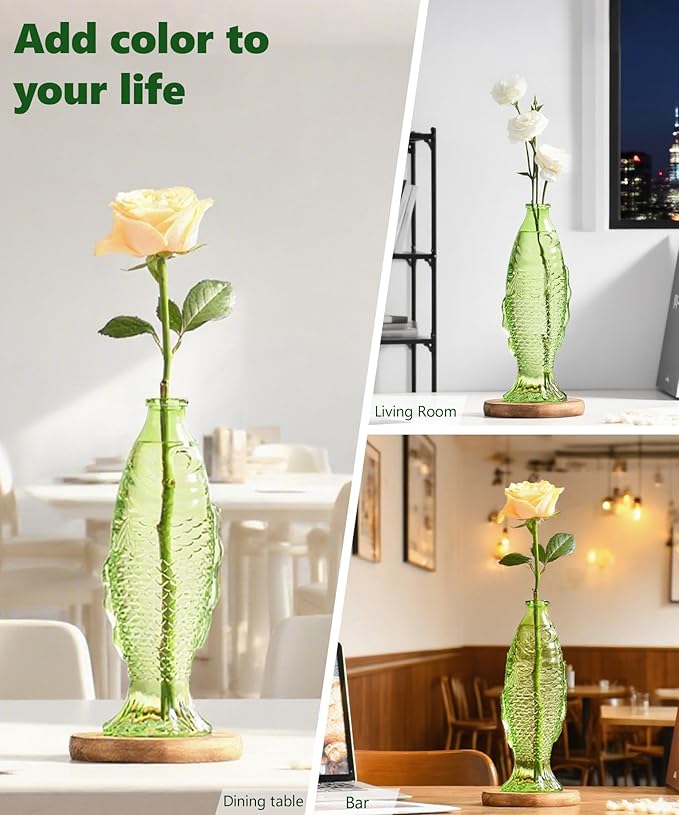 Nacome Fish Vase Glass Plant Terrarium with Wooden Stand,Plant Propagation Station for Home Office Hydroponics Desk Decoration,Unique Gardening Gifts for Plant Lovers Women Mom(Green)