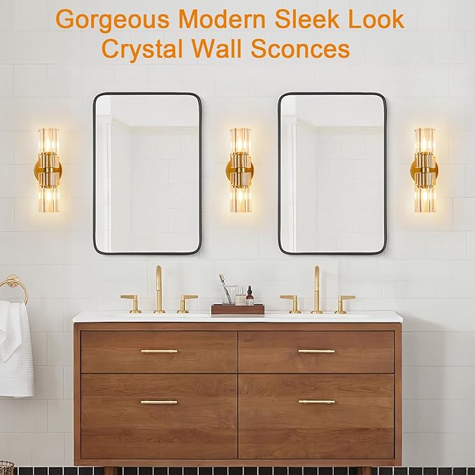 Gold Crystal Wall Sconces Set of Two, Wall Sconce Set of 2, Brass Sconces Wall Lighting with K9 Crystal Lampshade, Wall Lights for Bedroom Living Room Bathroom Hallway