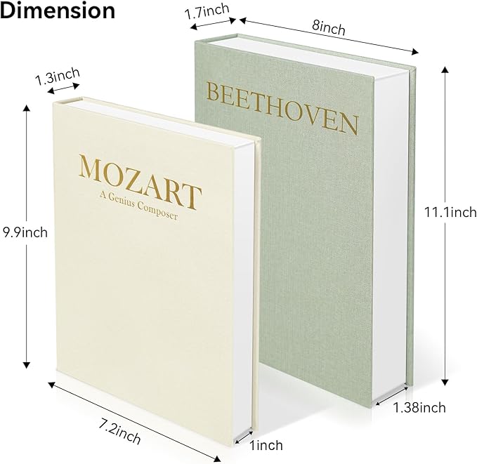 Aesthetic Decorative Books -Set of 2 Minimalist Linen Hardcover Faux/Fake Books for Coffee Table Home Decor Living Room Decoration, Photo Storage or as a Keepsake Box(Sage-beige-musician)