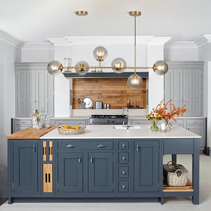 KCO Lighting 6-Light Modern Globe Sputnik Chandelier Brass Gold Linear Pendant Chandelier Lighting Smoke Glass Dining Room Chandelier Mid Century Sputnik Island Lights for Kitchen Living Room