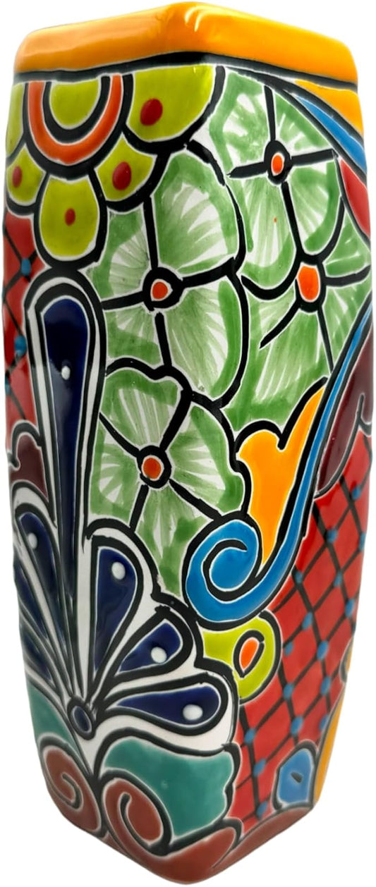 Talavera Planter Pot Square Vase Folk Art Mexican Pottery Handmade Hand Painted Home Decor Indoor Multicolor Outdoor 9.25" (Yellow Multi)