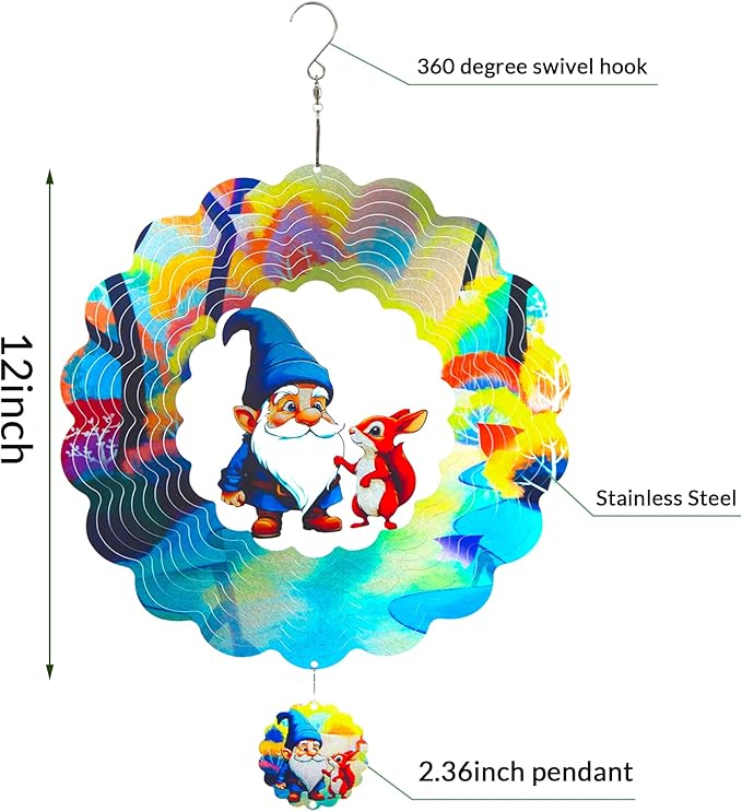 Gnomes Hanging Wind Spinners,12 Inch 3D Garden Spinner Kinetic Art Garden Decorations,Stainless Steel Reflective Wind Spinners for Yard