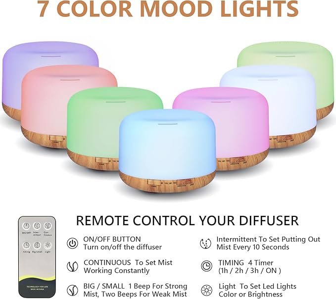 Oil Diffuser, 500ml Essential Oil Diffusers with 2 Mist Mode 4 Timers&7 Ambient Light Waterless Auto Off, Diffusers Large Room Home Office