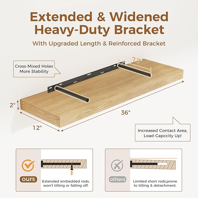 Floating Shelves 36 Inch Long, 12 Inch Deep Floating Shelves for Wall, 36 x 12 Shelves for Wall Storage & Display, 2" Thick Floating Shelf for Bathroom, Living Room, Bedroom, Oak Color, Set of 2