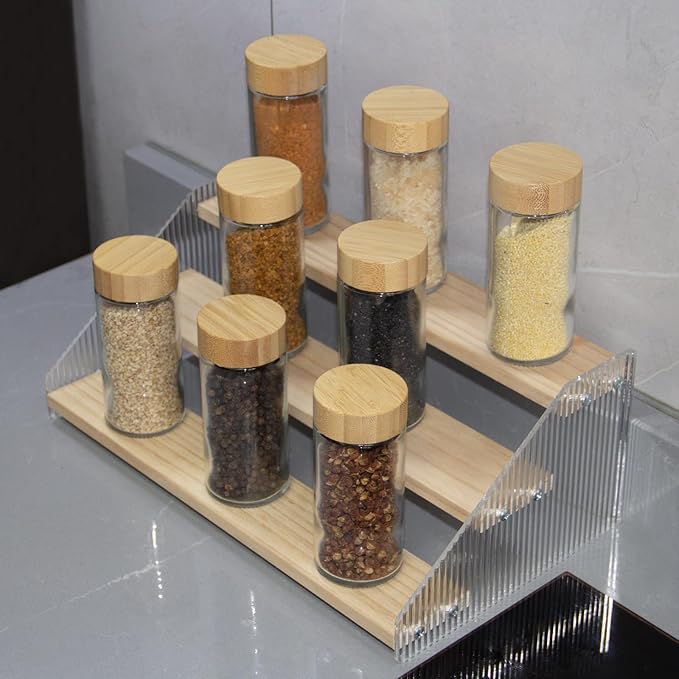 nianfeng Tiered Spice Rack, 3-Tier Spice Pantry Kitchen Cabinet Organizer, 12-Inch, Natural Wood Acrylic Stair Riser Stand, Countertop Seasoning Shelf