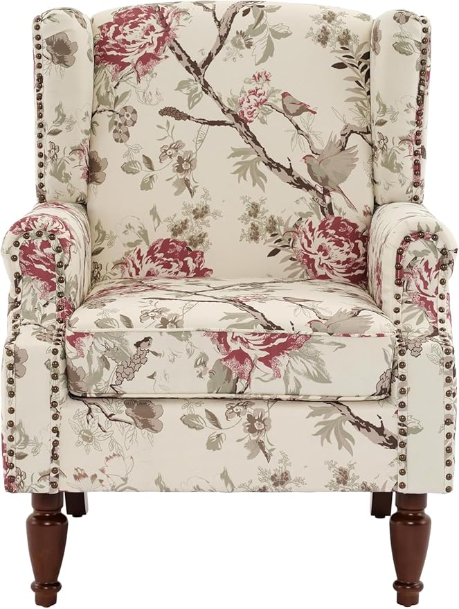 UIXE High Back Accent Chair, Wingback Upholstered Armchair in Fabric for Living Room, Retro Arm Chairs Nailhead Trim Single Sofa Bedroom Reading Seat with Solid Wood Legs - Beige Floral