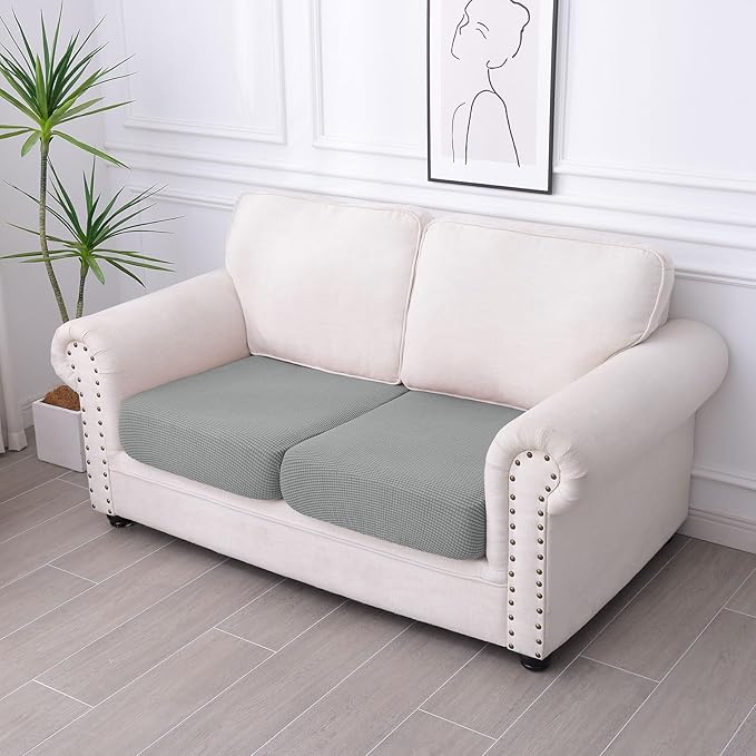 hyha Waterproof Couch Cushion Covers for Pets, Non Slip Sofa Seat Cover for Dogs Washable, Soft Thick Stretch Jacquard Fabric, Sofa Slipcovers with Elastic Bottom (2 Pieces, Light Grey)