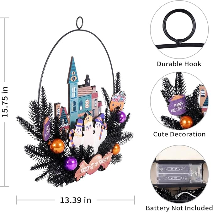 Lighted Halloween Wreaths for Front Door, Welcome Metal Wooden Door Wreath Decor Hanging Sign, 30 LED Lighted Wall Decor Battery Operated for Halloween Indoor Outdoor (Ghost)