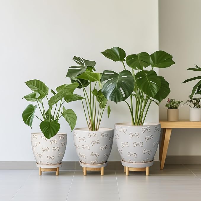 Ceramic Pots for Plants - 8 Inch Plant Pot with Drainage Hole and Saucer Large Planter Pot for Indoor Plants Outdoor Modern Flower Pot Home Decor White