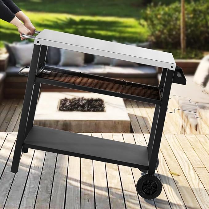 Grill Cart Table with Three Shelf, Movable Outdoor Dining Cart Pizza Oven Stand with Three Hooks, Kitchen Cart Island Multifunction Food Prep Table (Sliver)