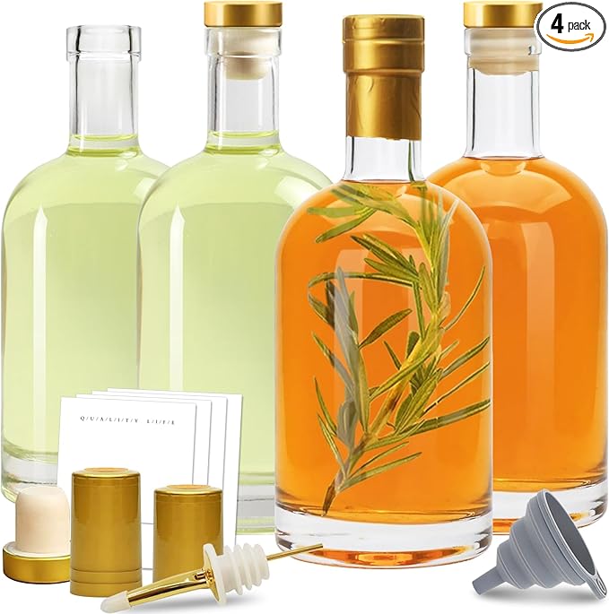 Olive Oil Dispenser Bottle for Kitchen, Clear Glass Oil and Vinegar Dispenser Set, Coffee Syrup Dispenser, Container With Metal Pour Spout, Airtight Lid, Funnel, Waterproof Labels (375ml-4 Pack)