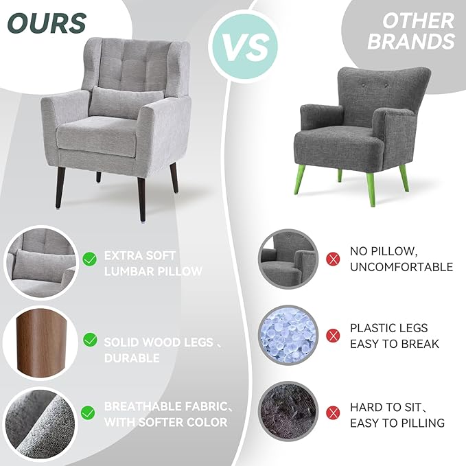 Accent Chair Set of 2, Upholstered Armchair with Pillow, Fabric Single Sofa Chair with Lounge Seat and Wood Legs Accent Chair for Living Room Small Spaces (Grey, Set of 2)