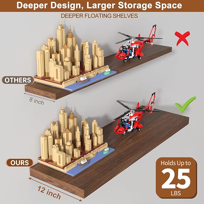 12 Inch Deep Floating Shelves for Wall 1 Pack Floating Shelves Large Storage Space Wall Mount Shelf for Living Room Kitchen Bathroom 24" W x 12" D x 1.2" H Walnut