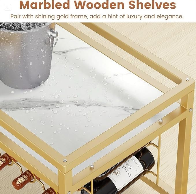 Leteuke Bar Cart for Home, 3 Tier Gold Serving Rolling Carts with Wheels, Drink Cart, Liquor Stand with Marbled Wooden Shelves, Wine Rack and Glass Holder for Kitchen, Dining Room