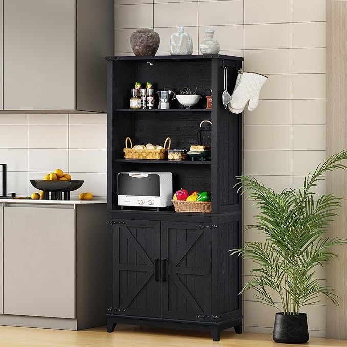 70in Tall Bookshelf 5 Tier Bookcase with Barn Doors and Adjustable Shelves, Black Farmhouse Book Shelf with Storage Cabinet, Wood Freestanding Display Bookshelves for Bedroom, Kitchen (2PCS)