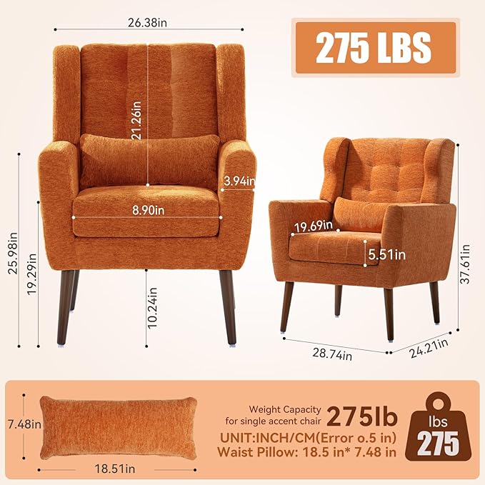 Accent Chair Set of 2, Upholstered Armchair with Pillow, Fabric Single Sofa Chair with Lounge Seat and Wood Legs Accent Chair for Living Room Small Spaces (Orange, Set of 2)
