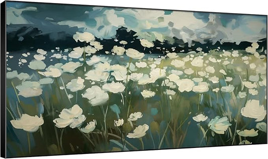 SIGNWIN 30"x60" Extra Large Framed Wall Art White Wildflower Field in Impressionist Style, Soft Floral Landscape for Home Living Room Bedroom Decor (Frame Assembly Required)
