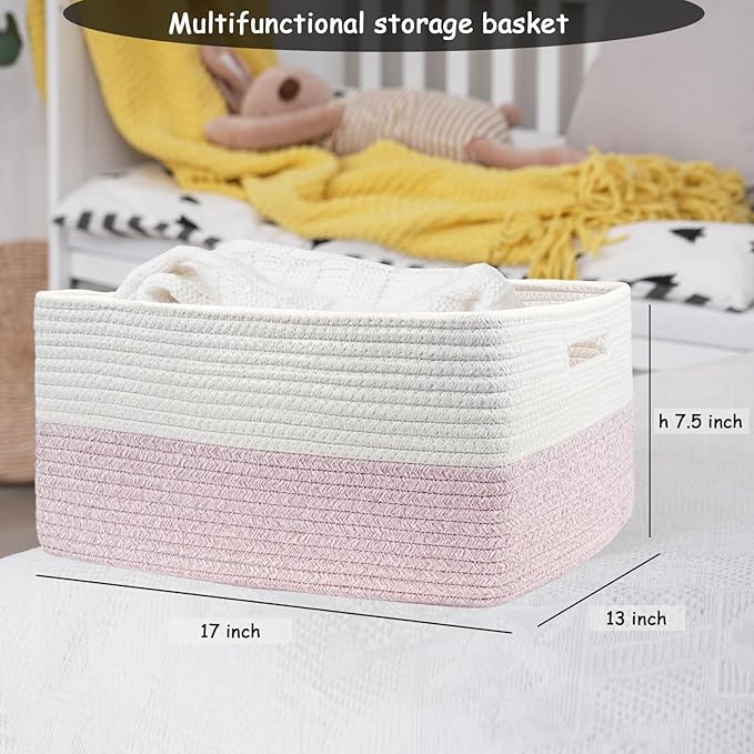 COMFY-HOMI Cotton Rope Woven Basket with Handles for Shelves,Toys,Book, Cloth Storage Baskets for Organizing-17" x 13" x 7.5" Toy Decorative Organizer for Living Room, Bathroom (white/pink)