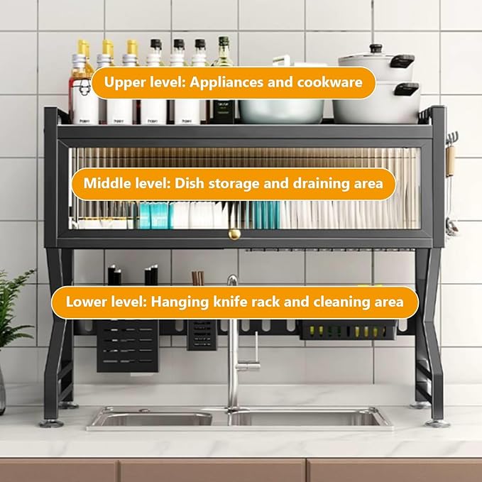 Kitchen sink rack dishwashing sink countertop dustproof cupboard storage multifunctional tableware storage drain rack double layer,KeepKitchen Sink Shlef Organized Space-Saving(White,65cm/25.6in)