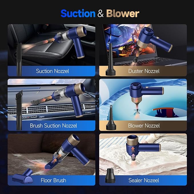 Car Vacuum Cleaner, 16000PA Mini Car Vacuum Cordless Powerful, 7 in 1 Portable Handheld Vacuum Cordless with LED Light, Dual Filters, One-Touch Empty for Pet Hair, Home, Office